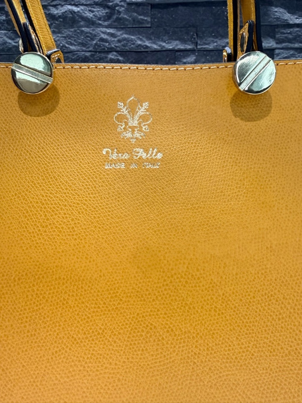 Vera Pelle Genuine Leather Structured Tote Mustard Yellow Pebbled Made in Italy - Picture 5 of 11